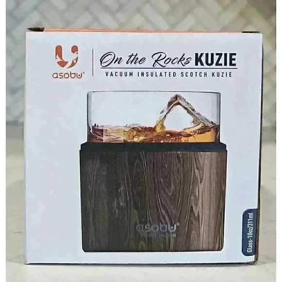 Asobu On The Rocks Kuzie Whiskey Glass Insulated Wood Color Sleeve 10 Ounce NIB - Picture 7 of 12